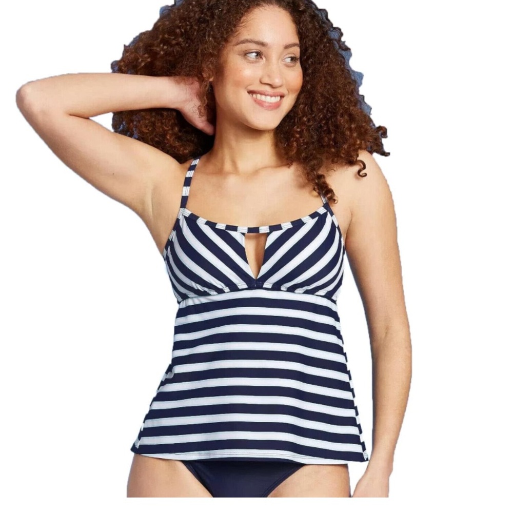 Kona Sol Women’s Tunnel Back Navy and white striped Tankini Top size Large